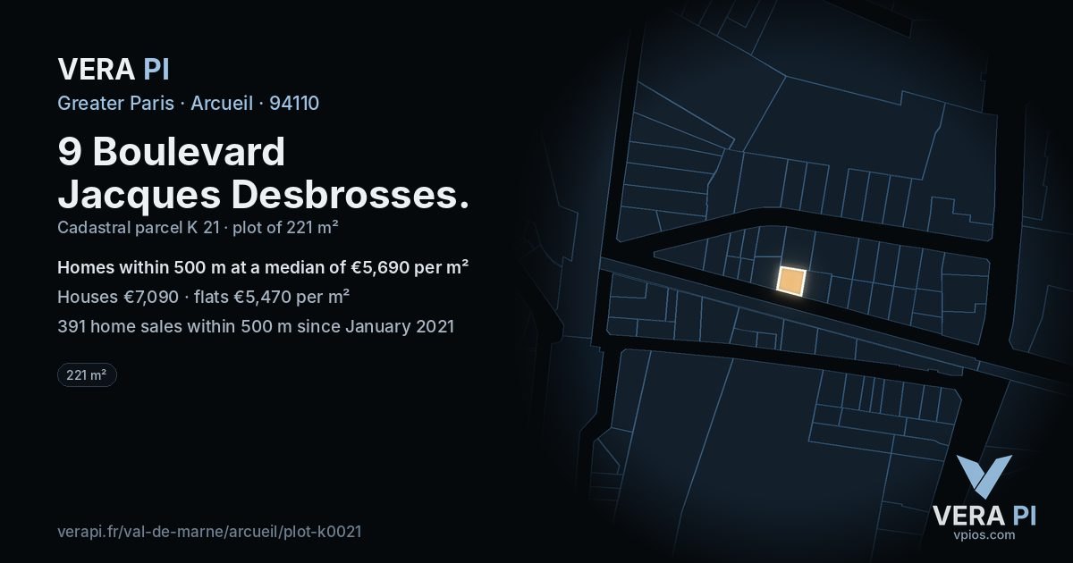9 Boulevard Jacques Desbrosses, Arcueil at night – the plot lit, the parcels around coloured by the prices near them