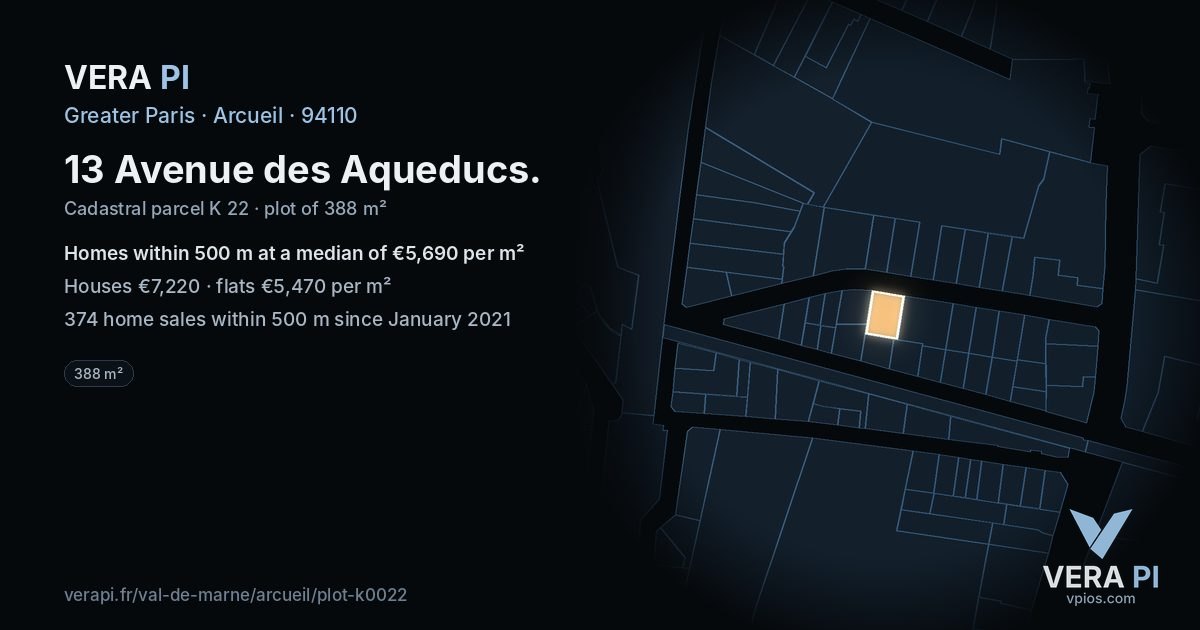 13 Avenue des Aqueducs, Arcueil at night – the plot lit, the parcels around coloured by the prices near them
