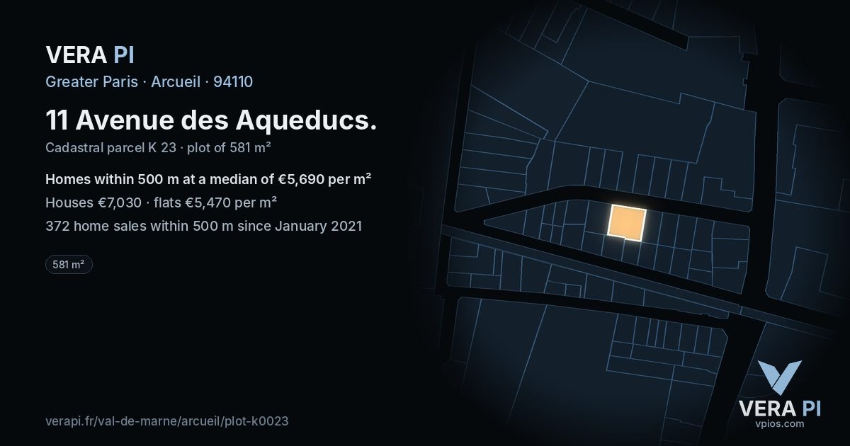11 Avenue des Aqueducs, Arcueil at night – the plot lit, the parcels around coloured by the prices near them