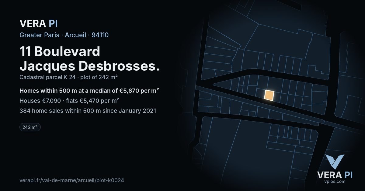 11 Boulevard Jacques Desbrosses, Arcueil at night – the plot lit, the parcels around coloured by the prices near them