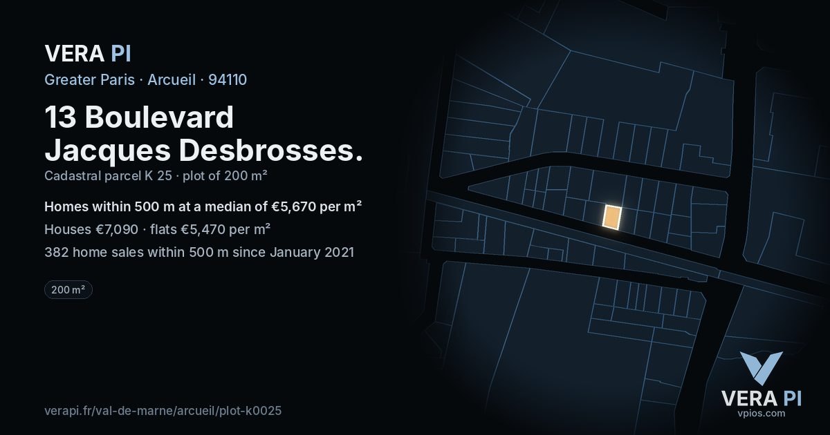 13 Boulevard Jacques Desbrosses, Arcueil at night – the plot lit, the parcels around coloured by the prices near them
