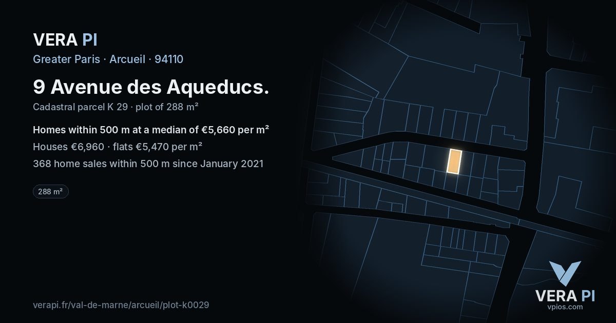 9 Avenue des Aqueducs, Arcueil at night – the plot lit, the parcels around coloured by the prices near them
