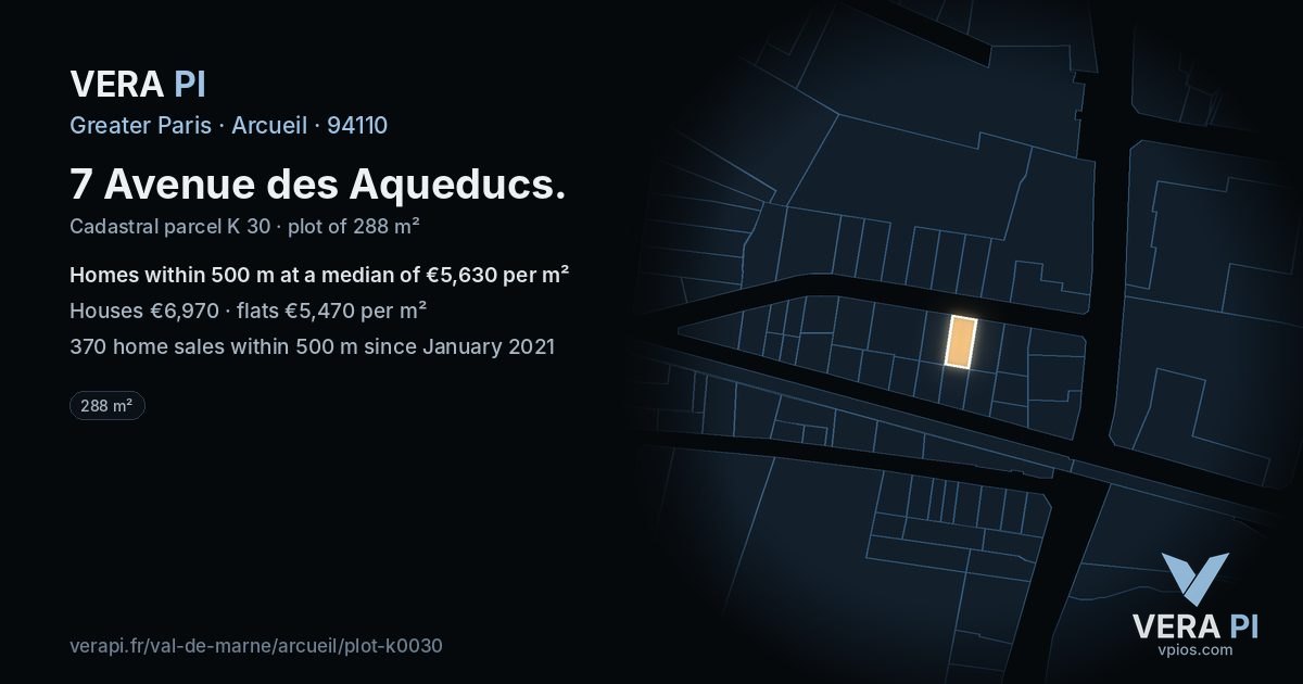7 Avenue des Aqueducs, Arcueil at night – the plot lit, the parcels around coloured by the prices near them