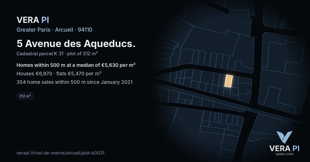 5 Avenue des Aqueducs, Arcueil at night – the plot lit, the parcels around coloured by the prices near them