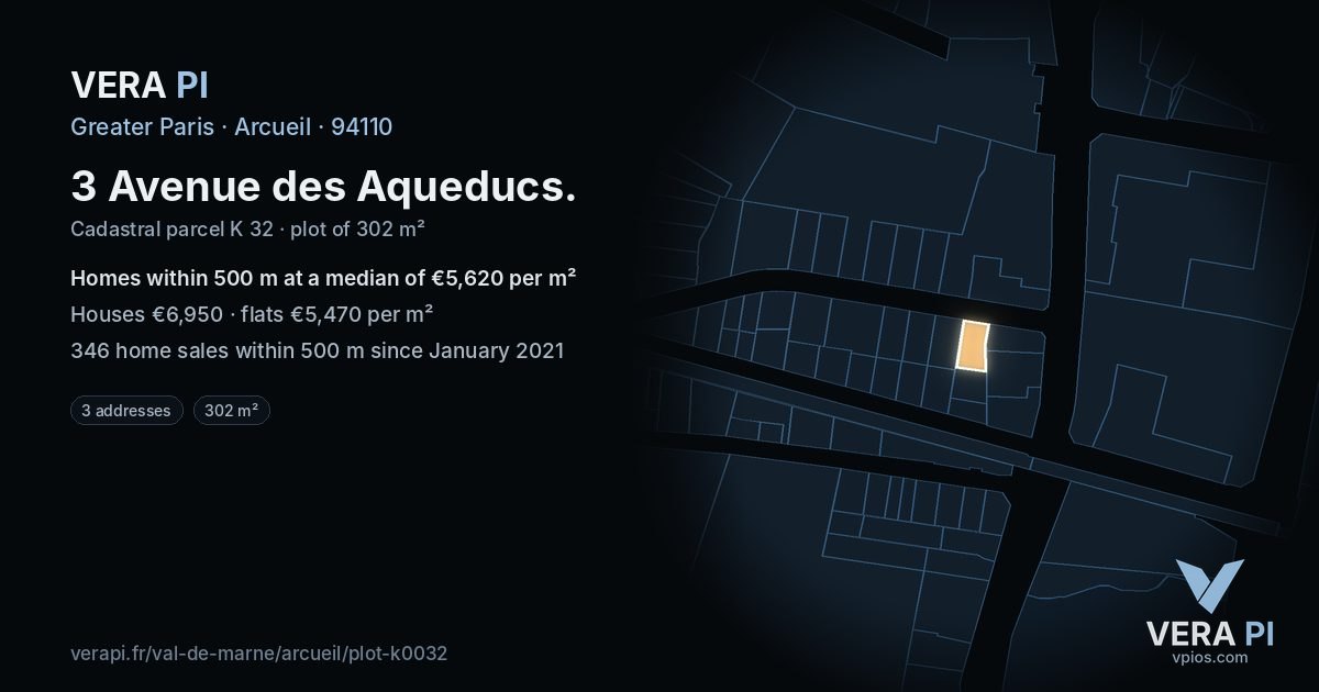 3 Avenue des Aqueducs, Arcueil at night – the plot lit, the parcels around coloured by the prices near them