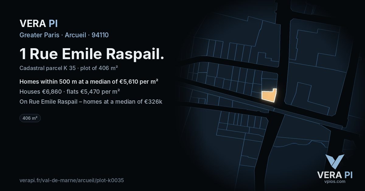 1 Rue Emile Raspail, Arcueil at night – the plot lit, the parcels around coloured by the prices near them