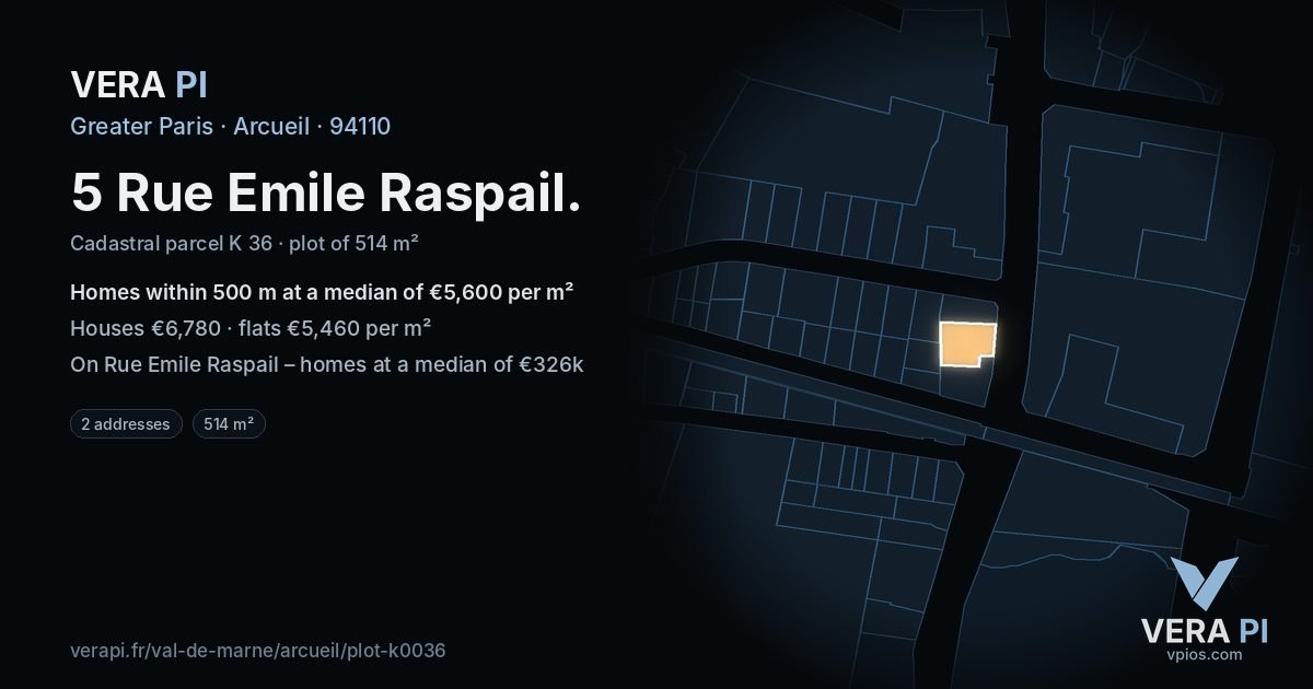 5 Rue Emile Raspail, Arcueil at night – the plot lit, the parcels around coloured by the prices near them