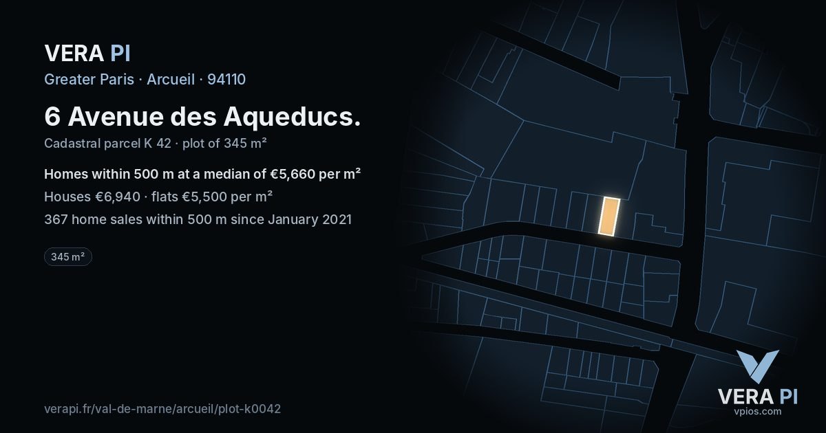 6 Avenue des Aqueducs, Arcueil at night – the plot lit, the parcels around coloured by the prices near them