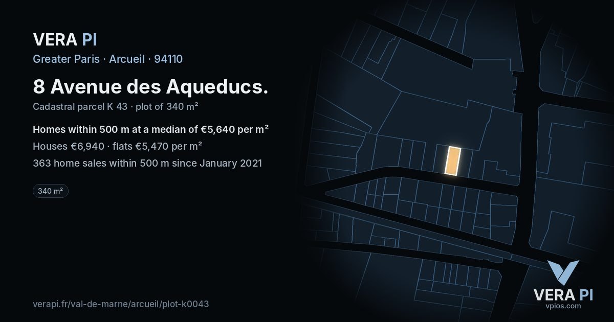 8 Avenue des Aqueducs, Arcueil at night – the plot lit, the parcels around coloured by the prices near them