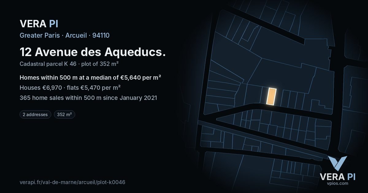 12 Avenue des Aqueducs, Arcueil at night – the plot lit, the parcels around coloured by the prices near them