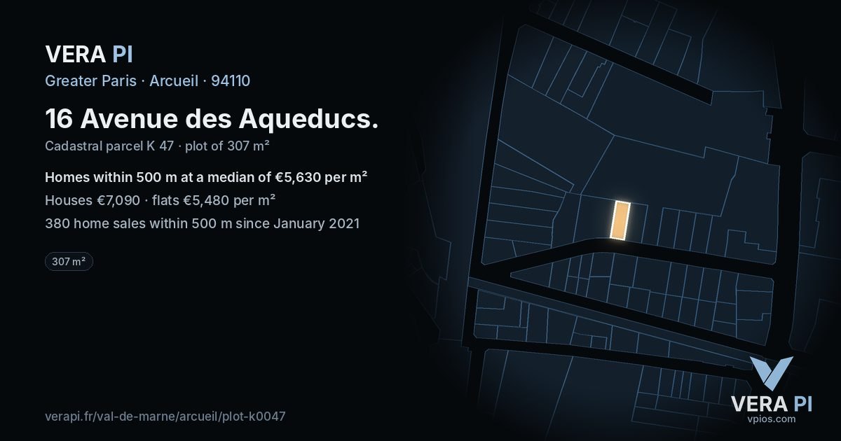 16 Avenue des Aqueducs, Arcueil at night – the plot lit, the parcels around coloured by the prices near them