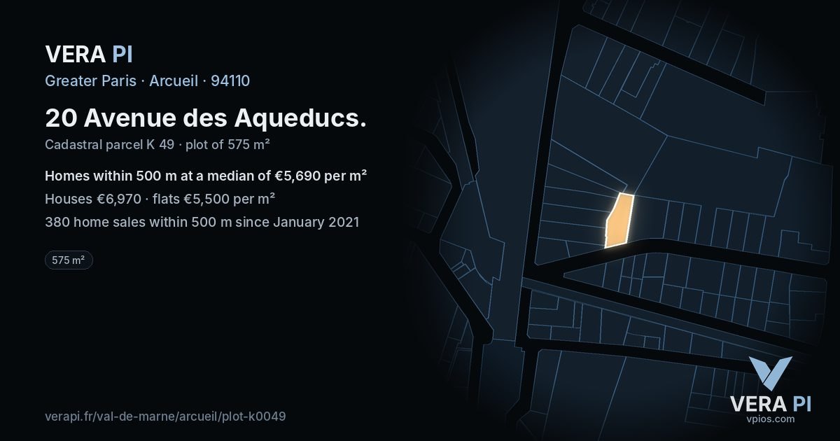 20 Avenue des Aqueducs, Arcueil at night – the plot lit, the parcels around coloured by the prices near them