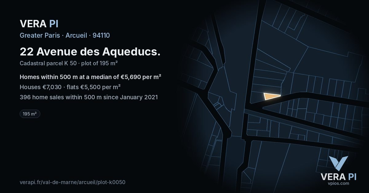 22 Avenue des Aqueducs, Arcueil at night – the plot lit, the parcels around coloured by the prices near them