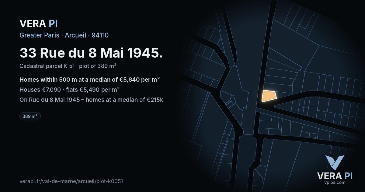 33 Rue du 8 Mai 1945, Arcueil at night – the plot lit, the parcels around coloured by the prices near them