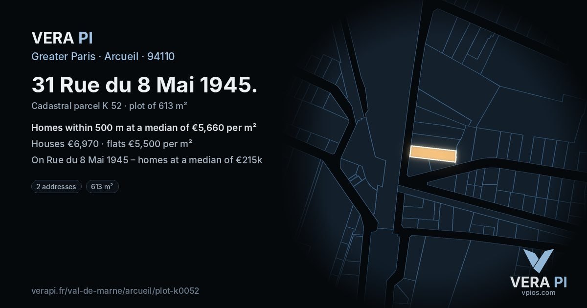 31 Rue du 8 Mai 1945, Arcueil at night – the plot lit, the parcels around coloured by the prices near them