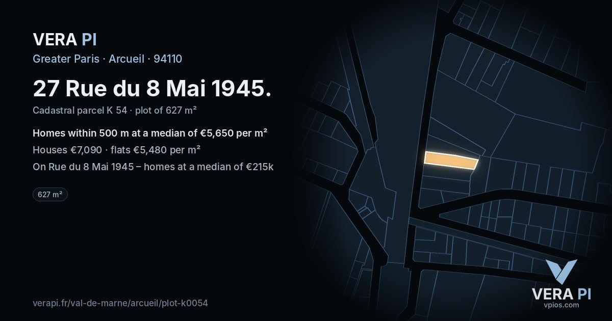 27 Rue du 8 Mai 1945, Arcueil at night – the plot lit, the parcels around coloured by the prices near them