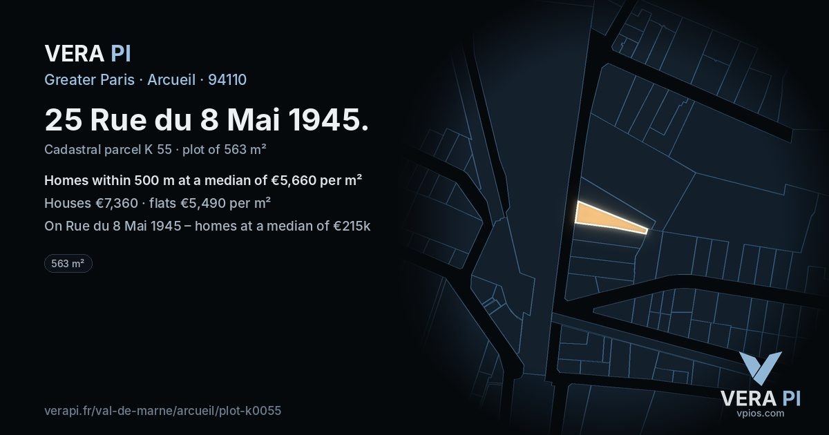 25 Rue du 8 Mai 1945, Arcueil at night – the plot lit, the parcels around coloured by the prices near them