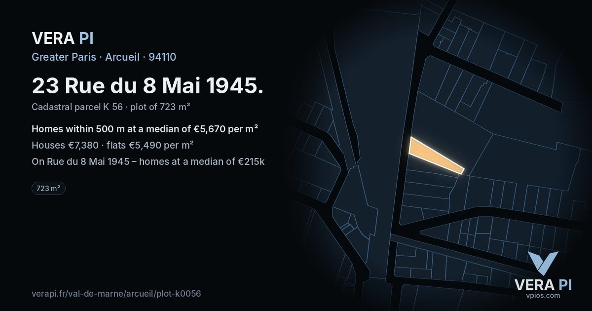 23 Rue du 8 Mai 1945, Arcueil at night – the plot lit, the parcels around coloured by the prices near them