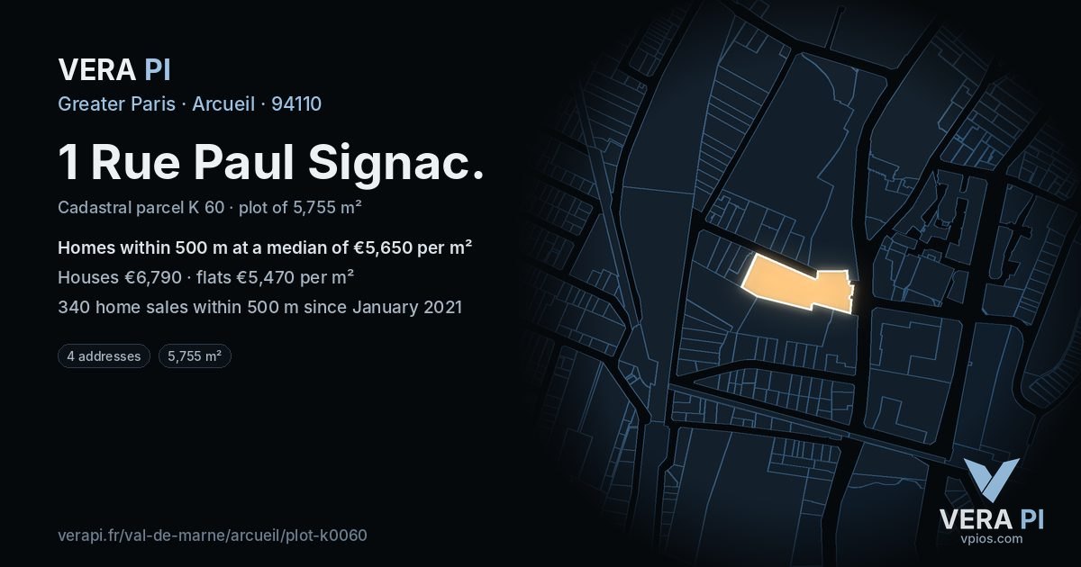 1 Rue Paul Signac, Arcueil at night – the plot lit, the parcels around coloured by the prices near them