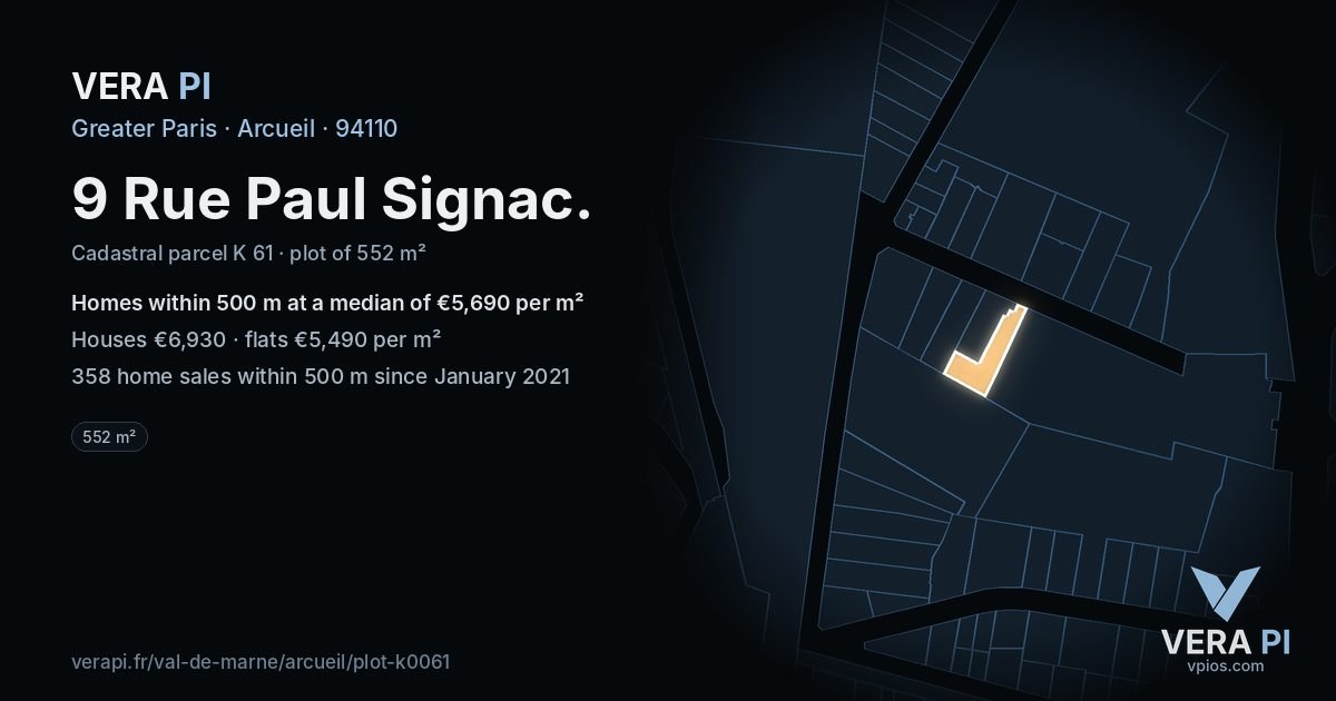 9 Rue Paul Signac, Arcueil at night – the plot lit, the parcels around coloured by the prices near them