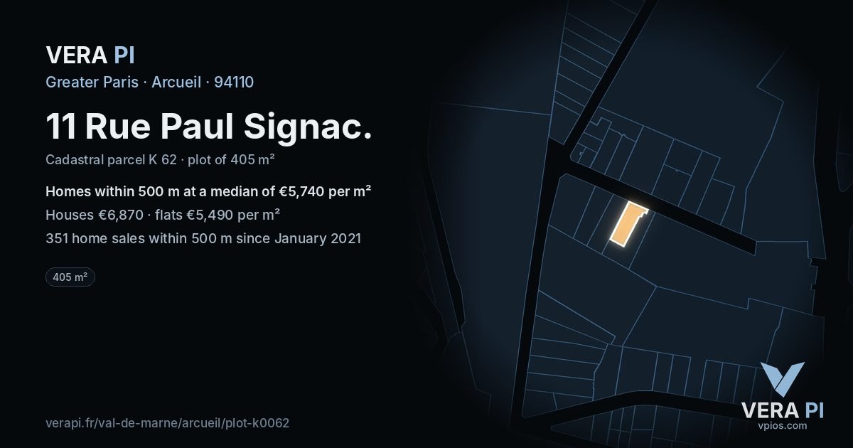 11 Rue Paul Signac, Arcueil at night – the plot lit, the parcels around coloured by the prices near them