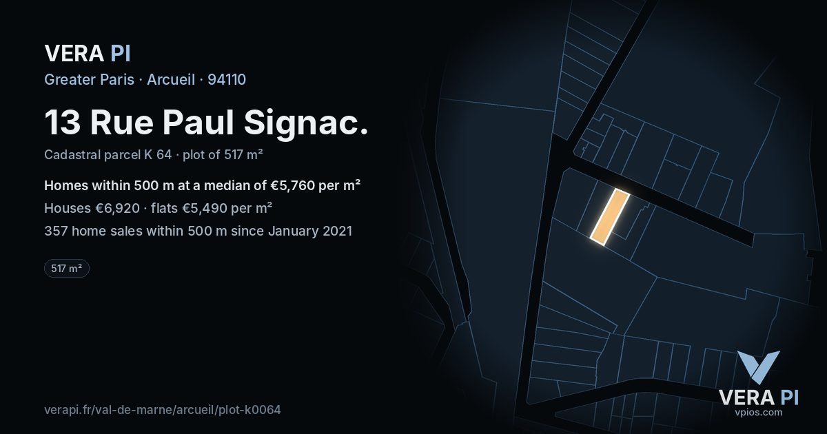 13 Rue Paul Signac, Arcueil at night – the plot lit, the parcels around coloured by the prices near them