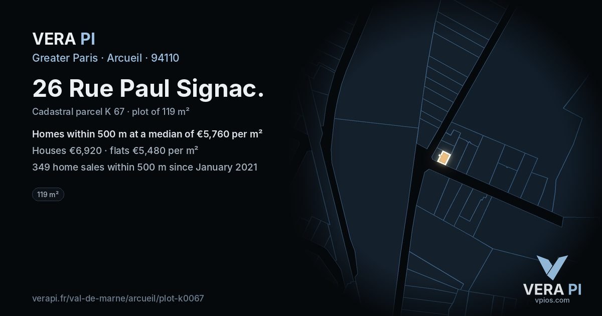 26 Rue Paul Signac, Arcueil at night – the plot lit, the parcels around coloured by the prices near them