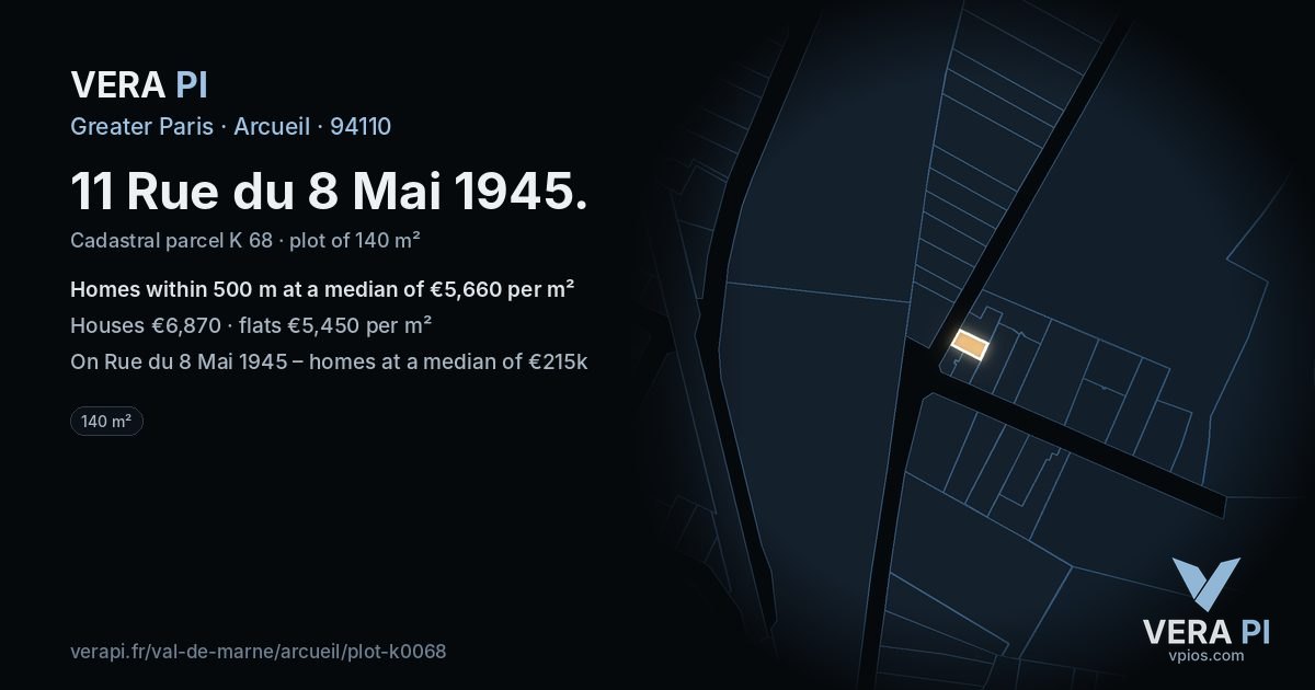 11 Rue du 8 Mai 1945, Arcueil at night – the plot lit, the parcels around coloured by the prices near them