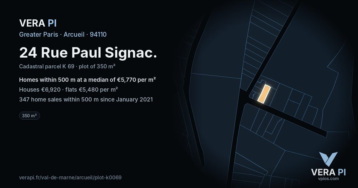 24 Rue Paul Signac, Arcueil at night – the plot lit, the parcels around coloured by the prices near them