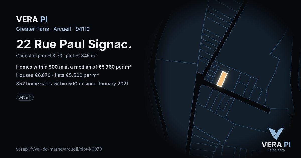 22 Rue Paul Signac, Arcueil at night – the plot lit, the parcels around coloured by the prices near them