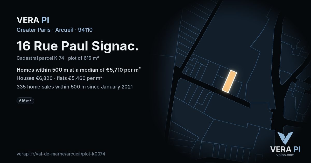 16 Rue Paul Signac, Arcueil at night – the plot lit, the parcels around coloured by the prices near them