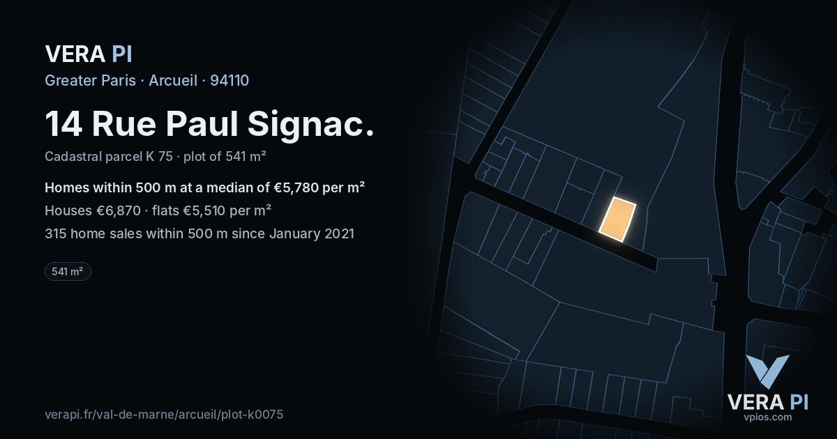 14 Rue Paul Signac, Arcueil at night – the plot lit, the parcels around coloured by the prices near them