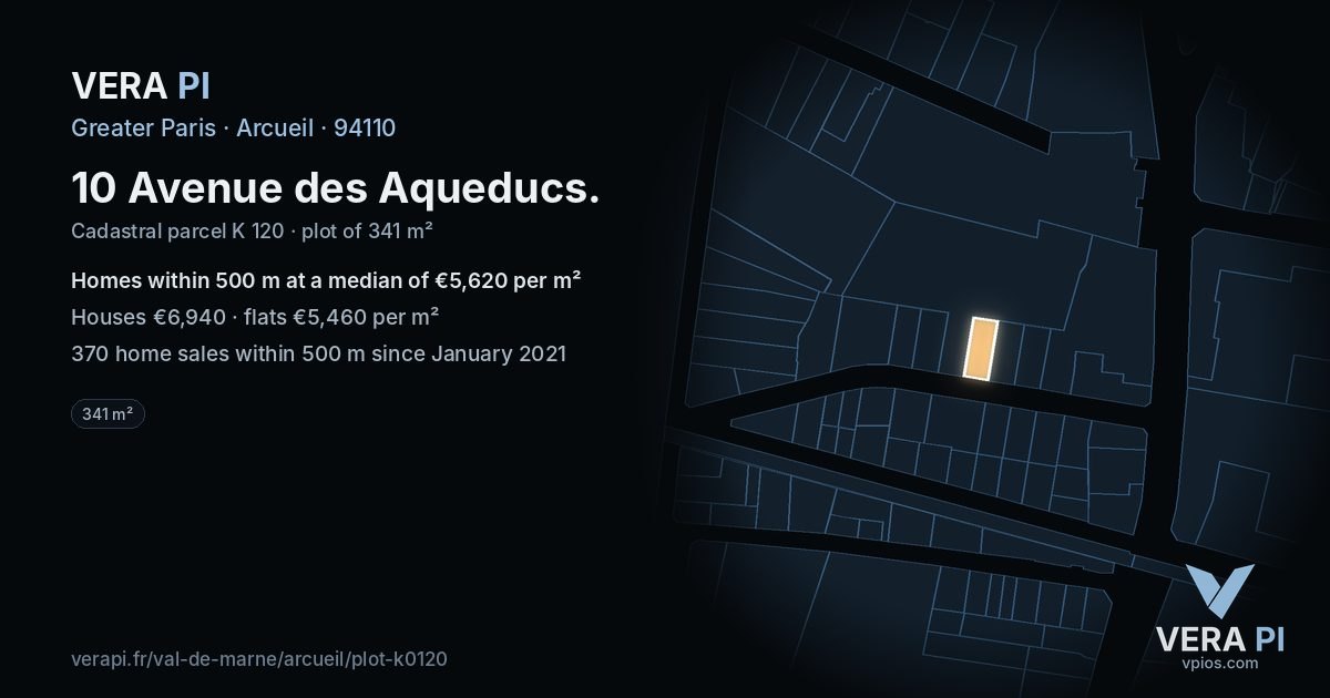 10 Avenue des Aqueducs, Arcueil at night – the plot lit, the parcels around coloured by the prices near them