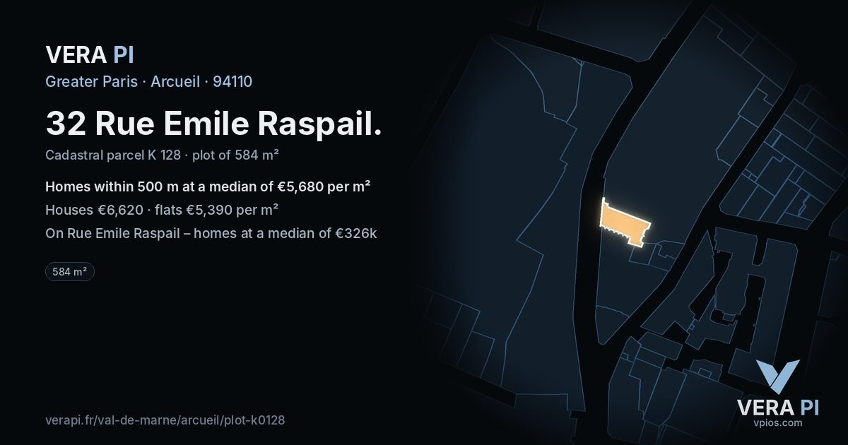 32 Rue Emile Raspail, Arcueil at night – the plot lit, the parcels around coloured by the prices near them