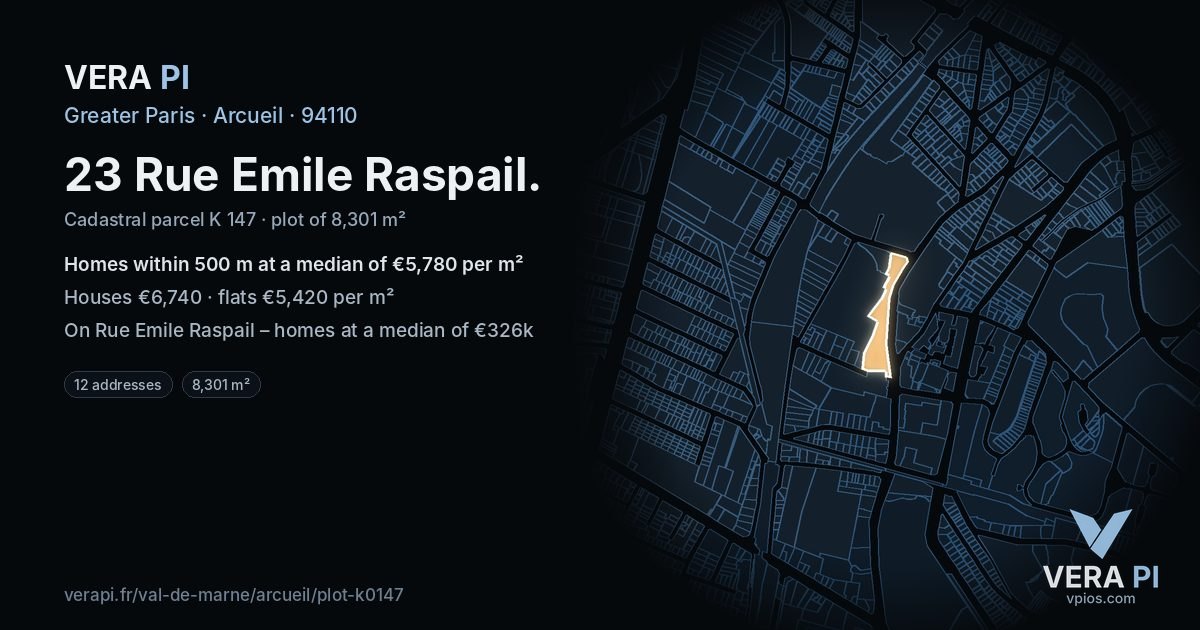 23 Rue Emile Raspail, Arcueil at night – the plot lit, the parcels around coloured by the prices near them
