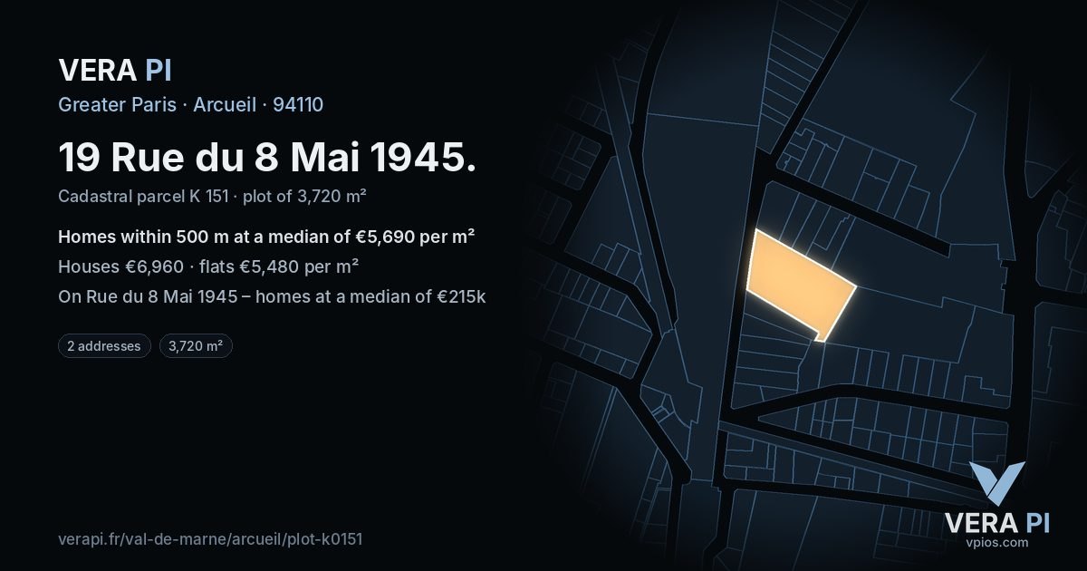 19 Rue du 8 Mai 1945, Arcueil at night – the plot lit, the parcels around coloured by the prices near them