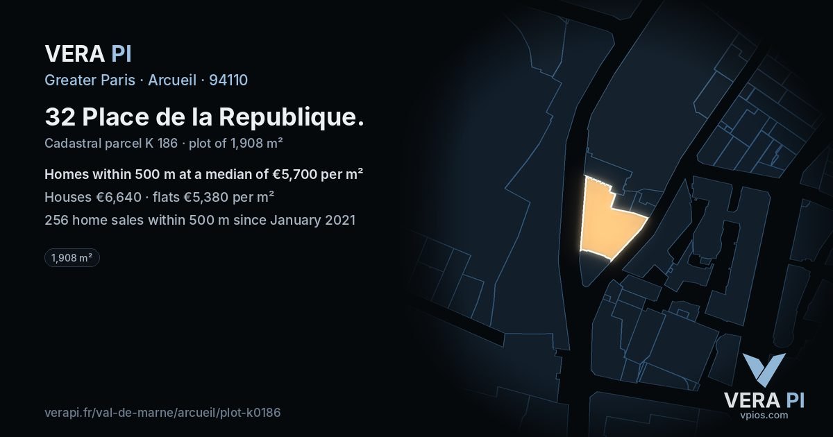 32 Place de la Republique, Arcueil at night – the plot lit, the parcels around coloured by the prices near them