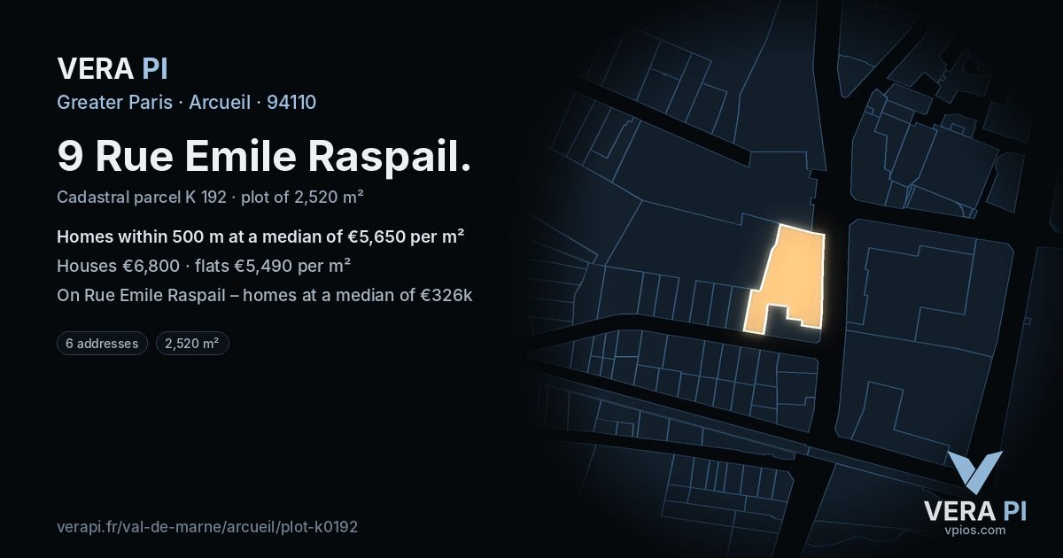 9 Rue Emile Raspail, Arcueil at night – the plot lit, the parcels around coloured by the prices near them