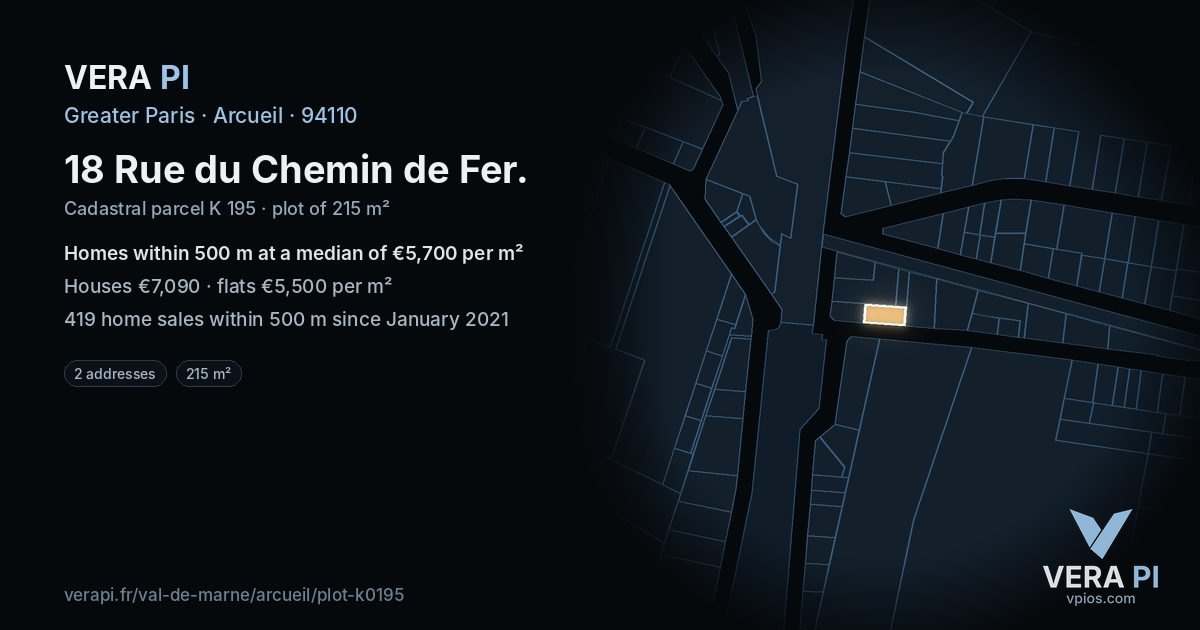 18 Rue du Chemin de Fer, Arcueil at night – the plot lit, the parcels around coloured by the prices near them