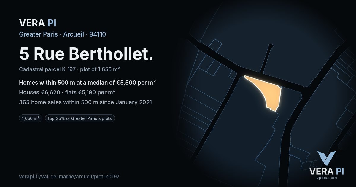 5 Rue Berthollet, Arcueil at night – the plot lit, the parcels around coloured by the prices near them