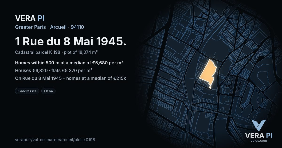 1 Rue du 8 Mai 1945, Arcueil at night – the plot lit, the parcels around coloured by the prices near them