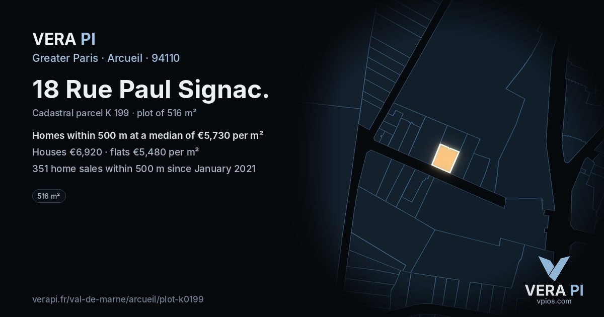 18 Rue Paul Signac, Arcueil at night – the plot lit, the parcels around coloured by the prices near them