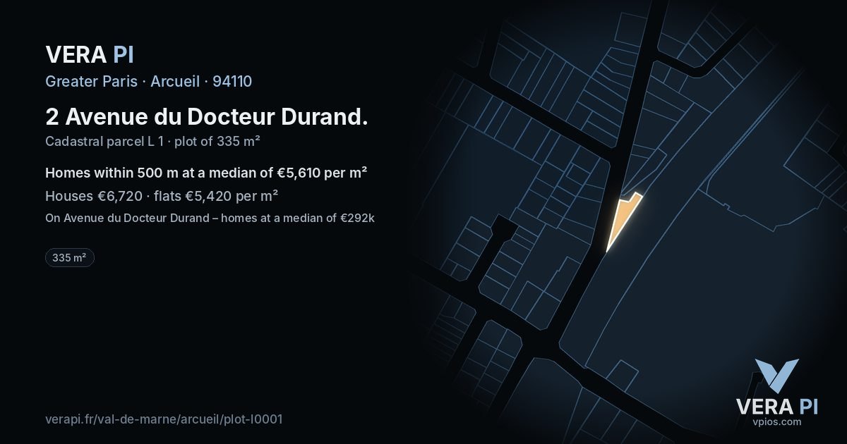 2 Avenue du Docteur Durand, Arcueil at night – the plot lit, the parcels around coloured by the prices near them