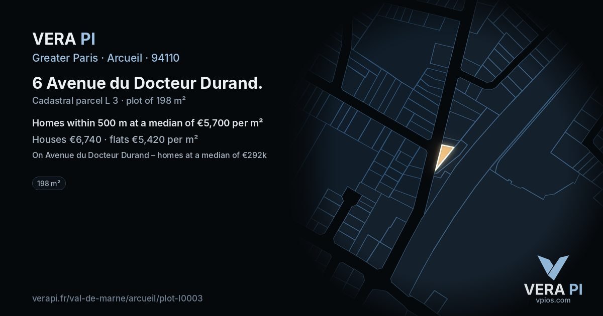 6 Avenue du Docteur Durand, Arcueil at night – the plot lit, the parcels around coloured by the prices near them