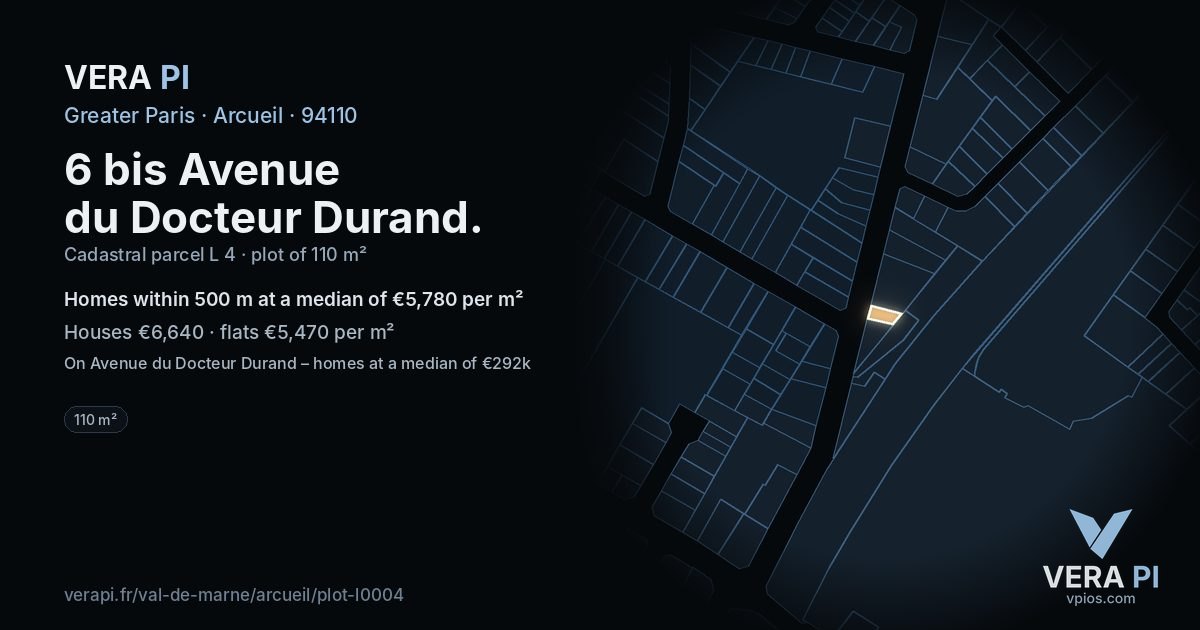 6 bis Avenue du Docteur Durand, Arcueil at night – the plot lit, the parcels around coloured by the prices near them