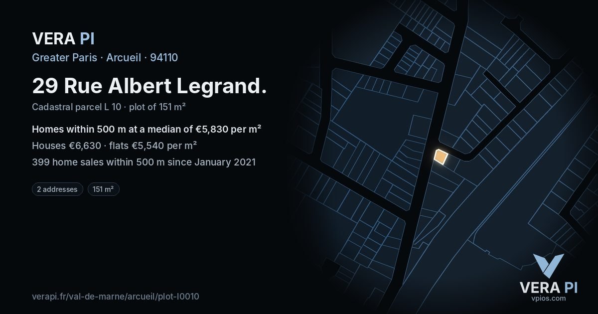 29 Rue Albert Legrand, Arcueil at night – the plot lit, the parcels around coloured by the prices near them
