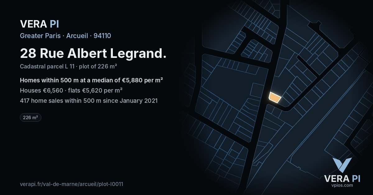 28 Rue Albert Legrand, Arcueil at night – the plot lit, the parcels around coloured by the prices near them