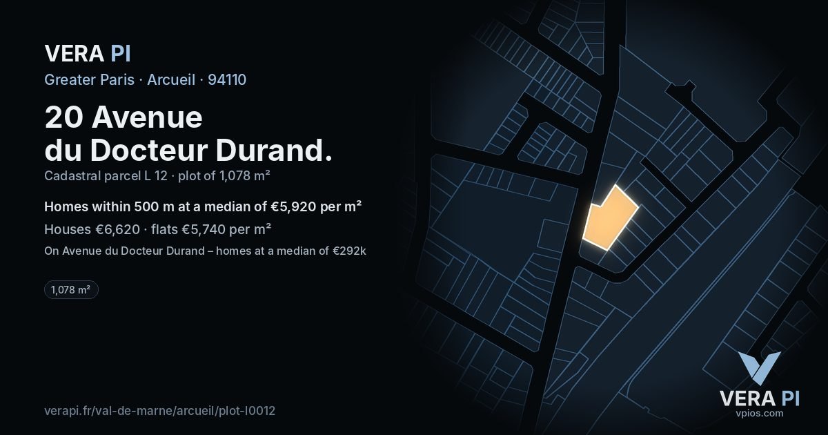 20 Avenue du Docteur Durand, Arcueil at night – the plot lit, the parcels around coloured by the prices near them