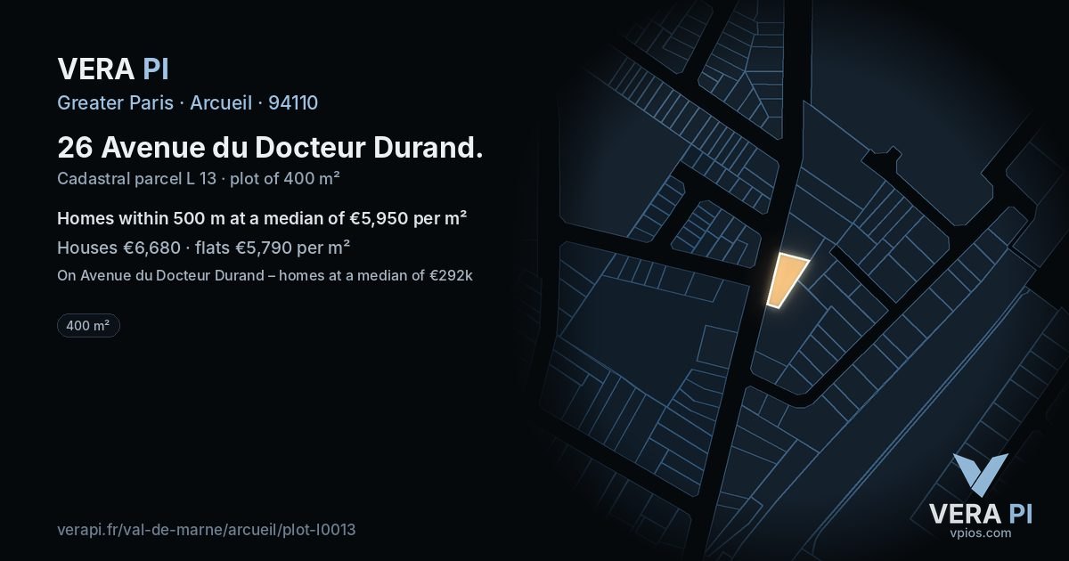 26 Avenue du Docteur Durand, Arcueil at night – the plot lit, the parcels around coloured by the prices near them