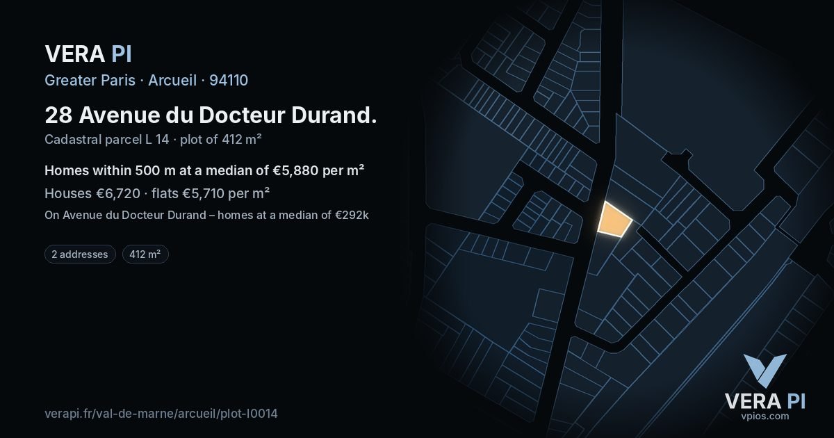 28 Avenue du Docteur Durand, Arcueil at night – the plot lit, the parcels around coloured by the prices near them